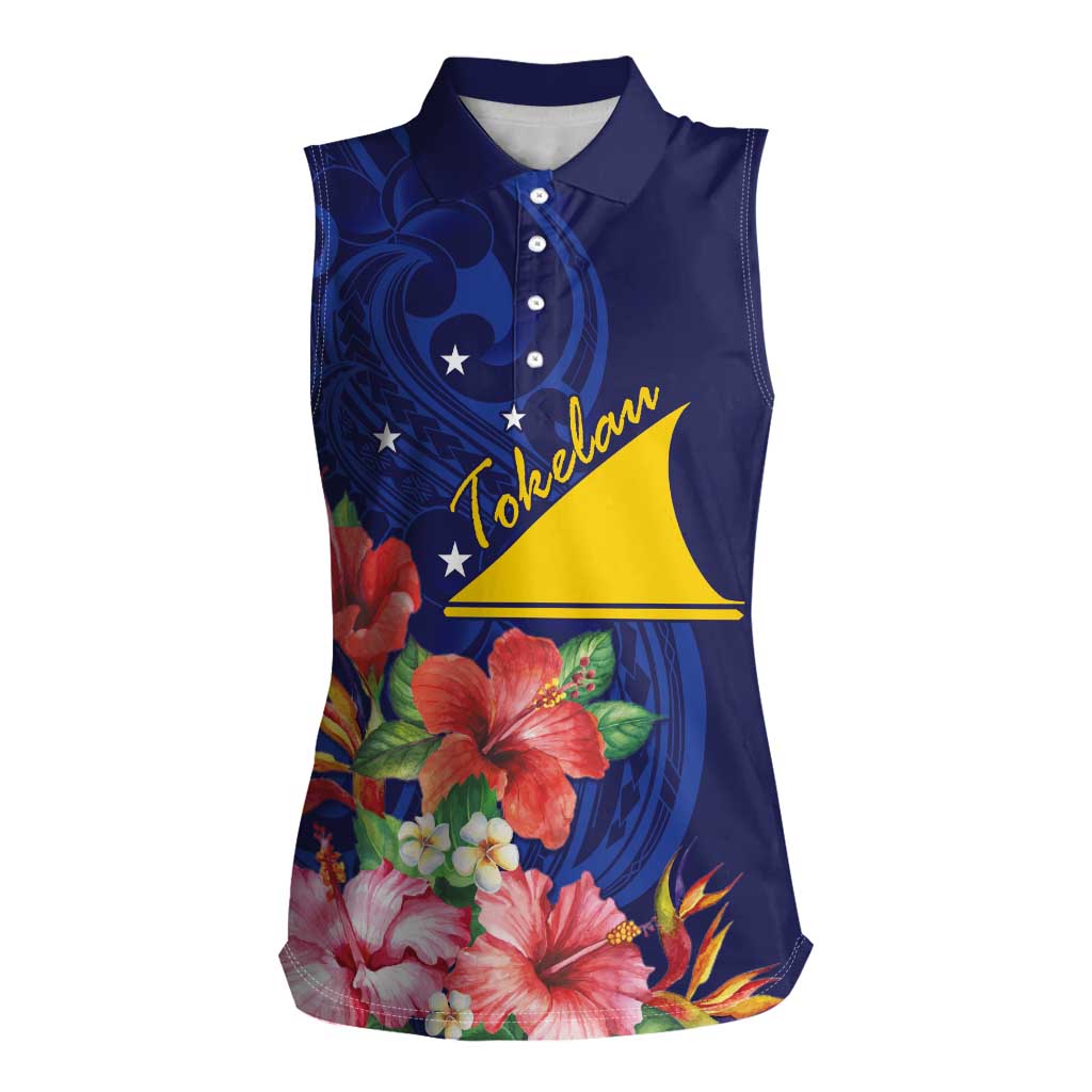 Personalised Tokelau Tropical Hibiscus Women Sleeveless Polo Shirt With Polynesian Plumeria Tattoo LT9 Female Blue - Polynesian Pride