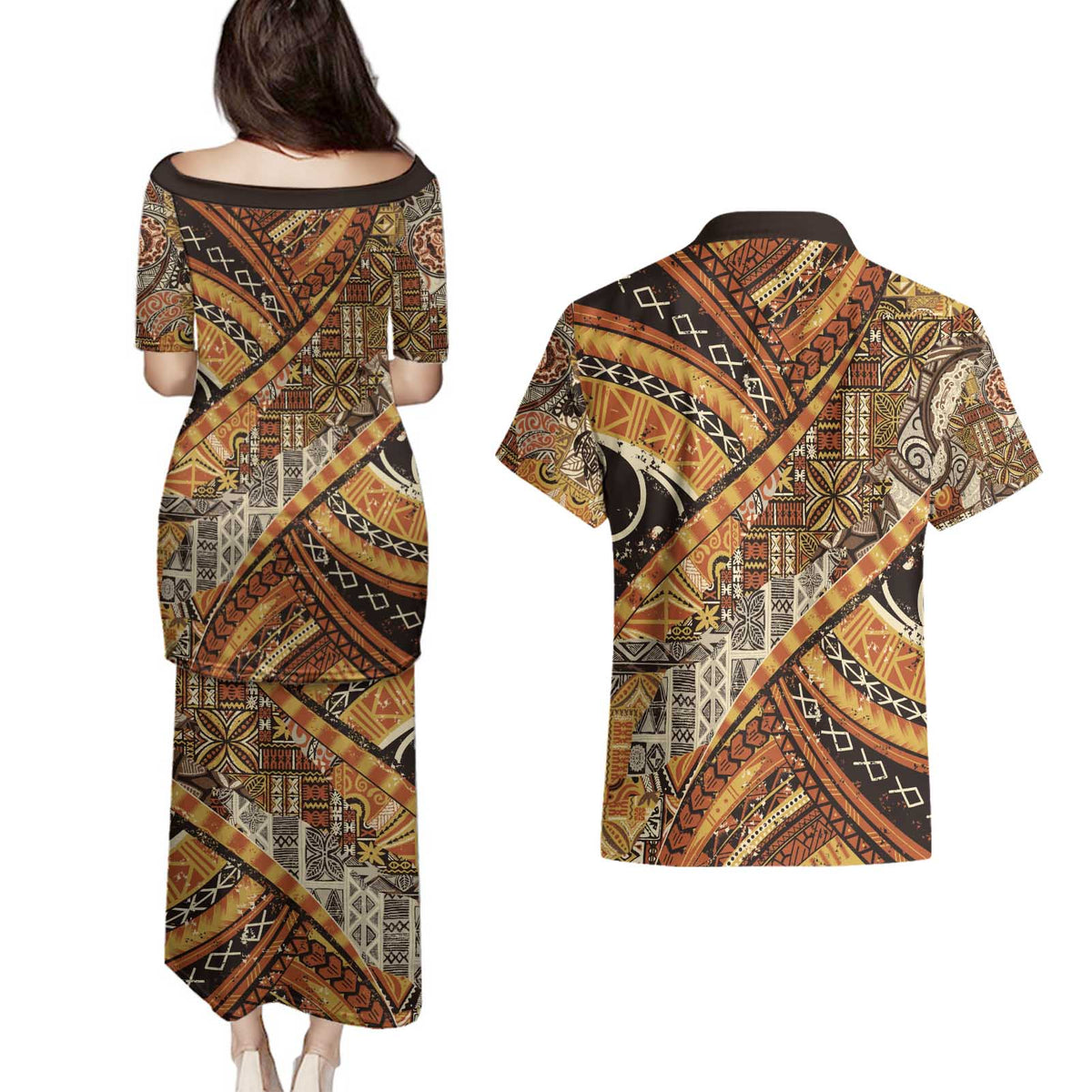 Hawaiian Style Tapa Couples Matching Puletasi and Hawaiian Shirt Vintage Seamless Pattern - Polynesian Pride