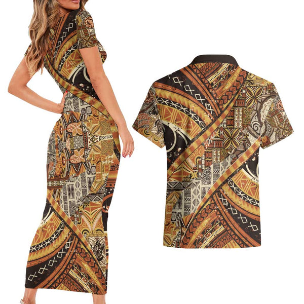 Teal Dashiki and Tapa Pattern Short Sleeve Bodycon Dress Africa-Polynesia Together Culture LT9 main image 1