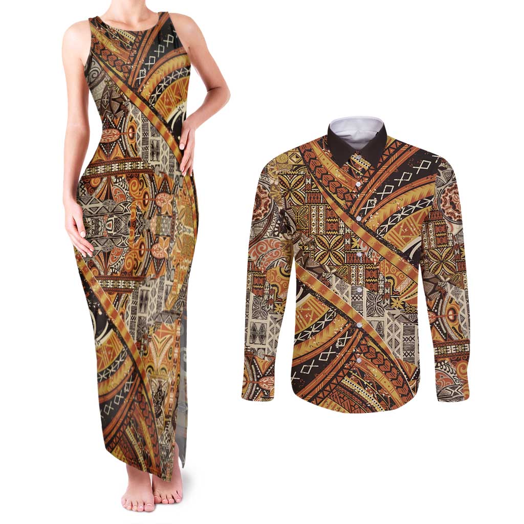 Hawaiian Style Tapa Couples Matching Tank Maxi Dress and Long Sleeve Button Shirt Vintage Seamless Pattern - Polynesian Pride