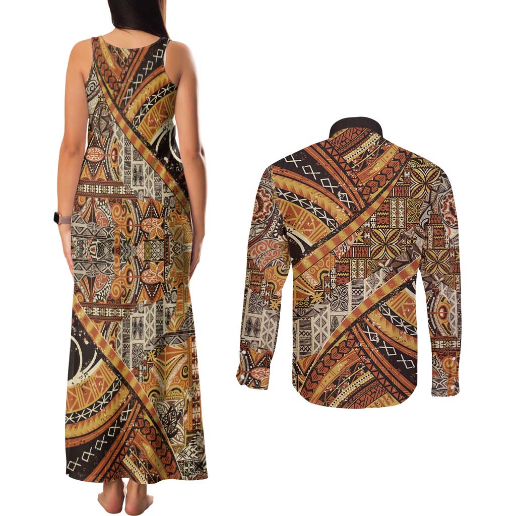 Hawaiian Style Tapa Couples Matching Tank Maxi Dress and Long Sleeve Button Shirt Vintage Seamless Pattern - Polynesian Pride
