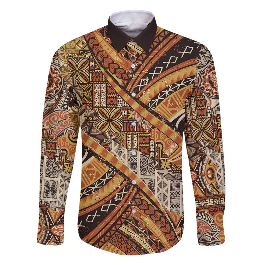 Hawaiian Style Tapa Family Matching Long Sleeve Bodycon Dress and Hawaiian Shirt Vintage Seamless Pattern LT9 Dad's Shirt - Long Sleeve Red - Polynesian Pride