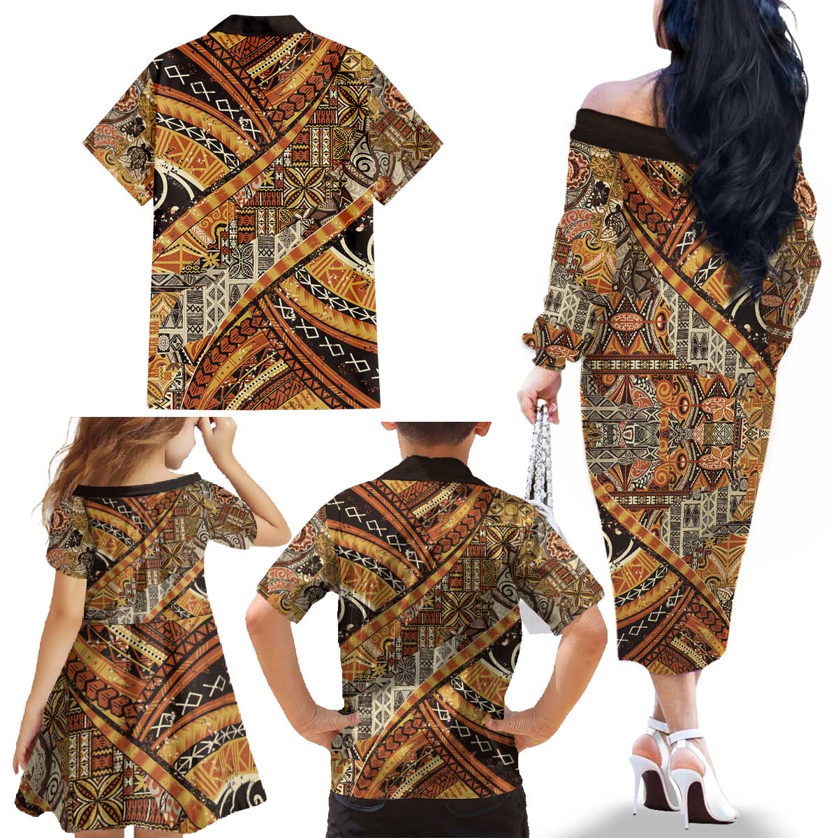 Hawaiian Style Tapa Family Matching Off The Shoulder Long Sleeve Dress and Hawaiian Shirt Vintage Seamless Pattern - Polynesian Pride
