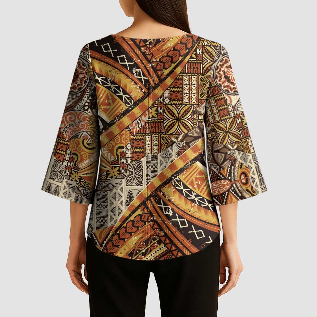 Hawaiian Style Tapa Kimono Sleeve Blouse Vintage Seamless Pattern - Polynesian Pride