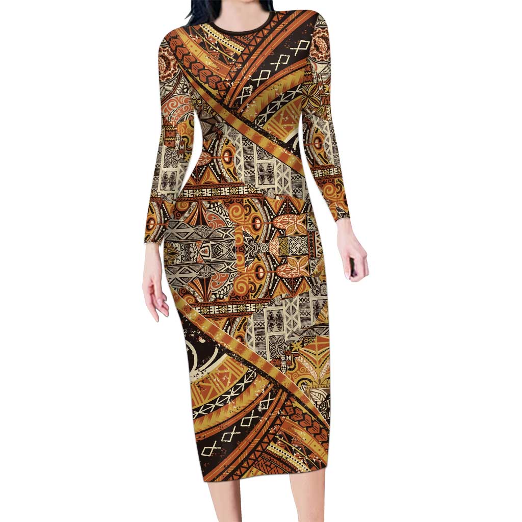 Hawaiian Style Tapa Long Sleeve Bodycon Dress Vintage Seamless Pattern - Polynesian Pride