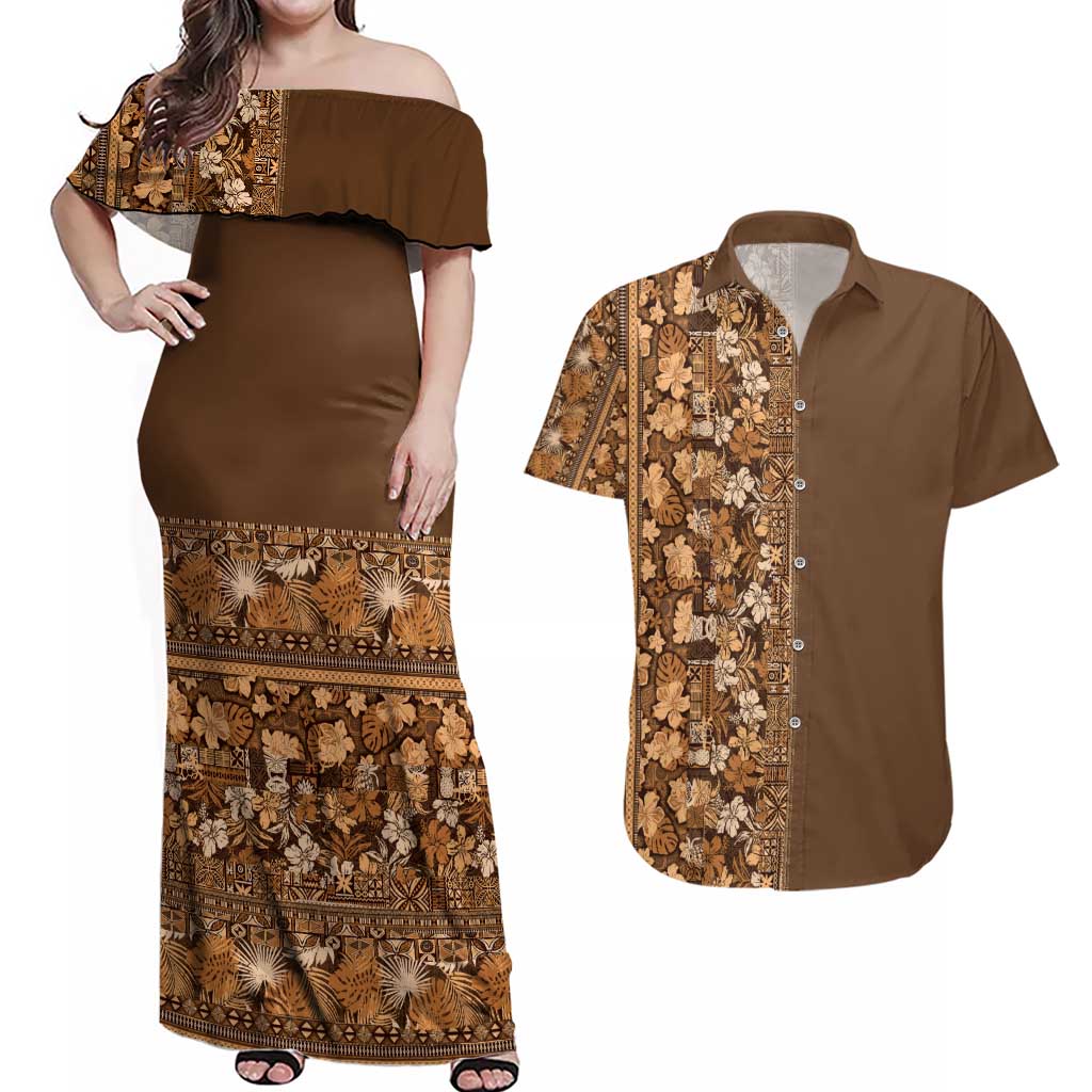 Hawaiian Tribal Elements Hibiscus Couples Matching Off Shoulder Maxi Dress and Hawaiian Shirt Gold Pattern - Polynesian Pride