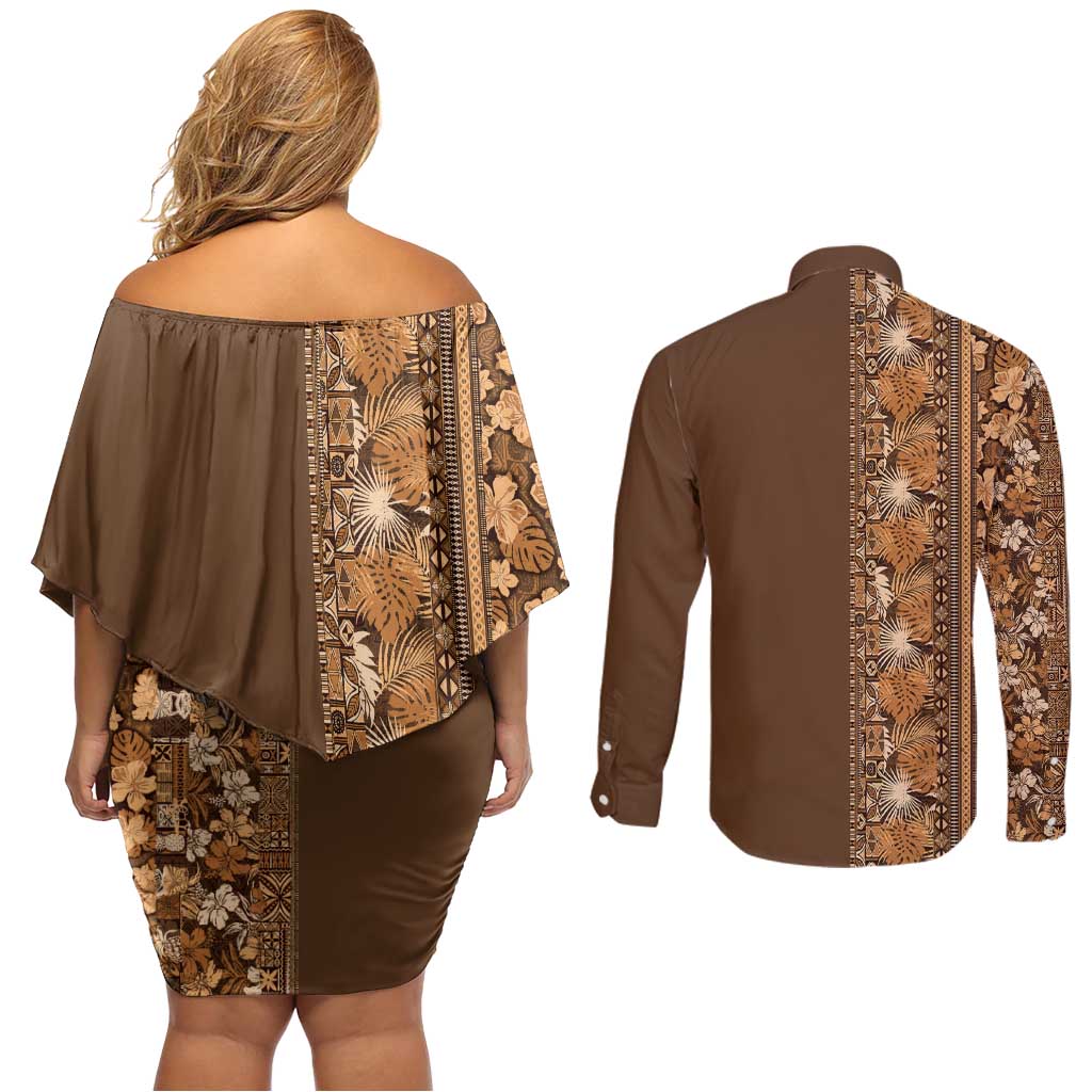 Hawaiian Tribal Elements Hibiscus Couples Matching Off Shoulder Short Dress and Long Sleeve Button Shirt Gold Pattern - Polynesian Pride