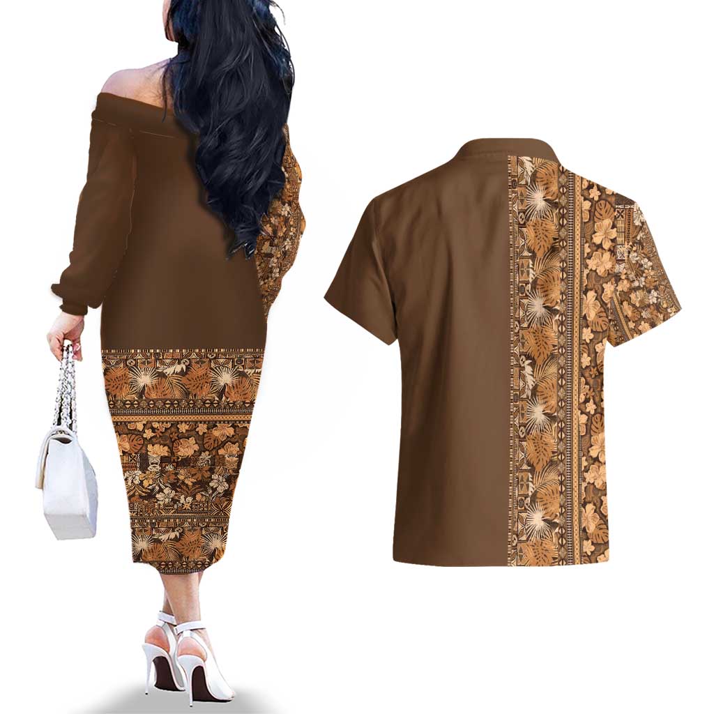 Hawaiian Tribal Elements Hibiscus Couples Matching Off The Shoulder Long Sleeve Dress and Hawaiian Shirt Gold Pattern - Polynesian Pride