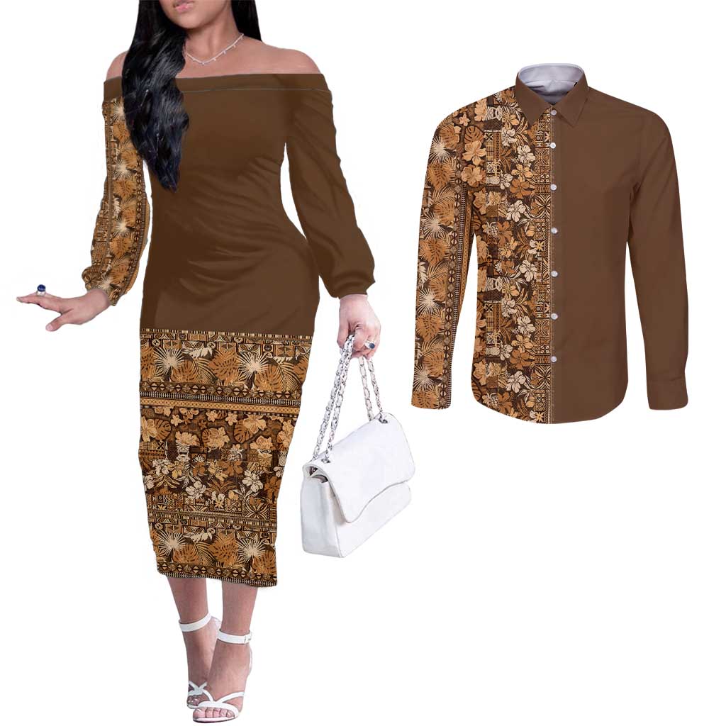 Hawaiian Tribal Elements Hibiscus Couples Matching Off The Shoulder Long Sleeve Dress and Long Sleeve Button Shirt Gold Pattern - Polynesian Pride