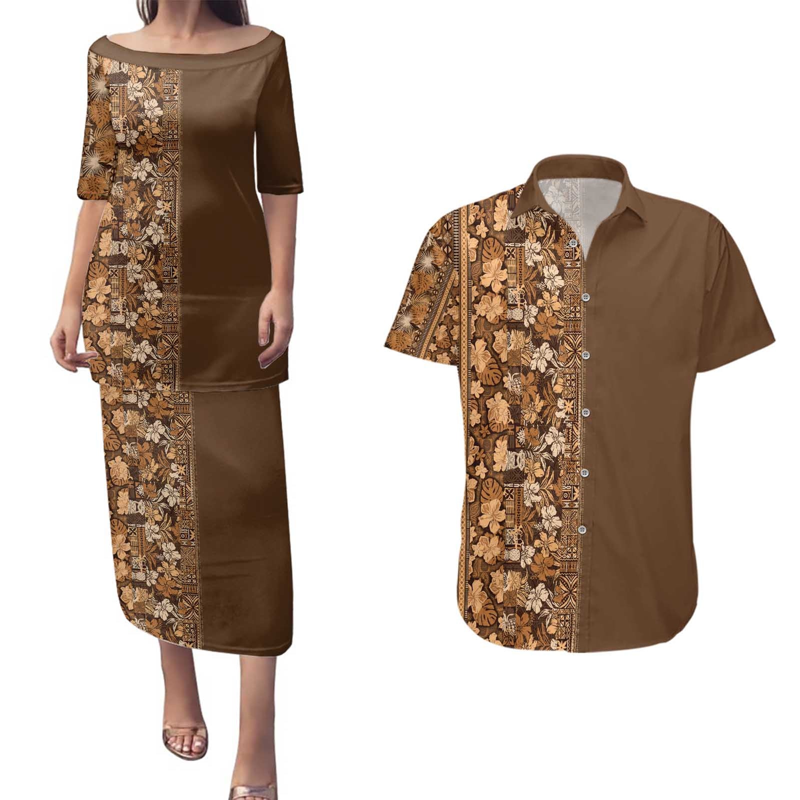 Hawaiian Tribal Elements Hibiscus Couples Matching Puletasi and Hawaiian Shirt Gold Pattern LT9 Gold - Polynesian Pride