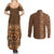 Hawaiian Tribal Elements Hibiscus Couples Matching Summer Maxi Dress and Long Sleeve Button Shirt Gold Pattern - Polynesian Pride