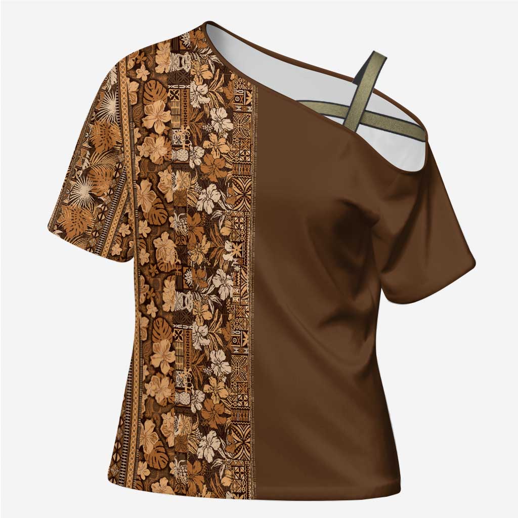 Hawaiian Tribal Elements Hibiscus Cross Shoulder Shirt Gold Pattern LT9 Female Gold - Polynesian Pride