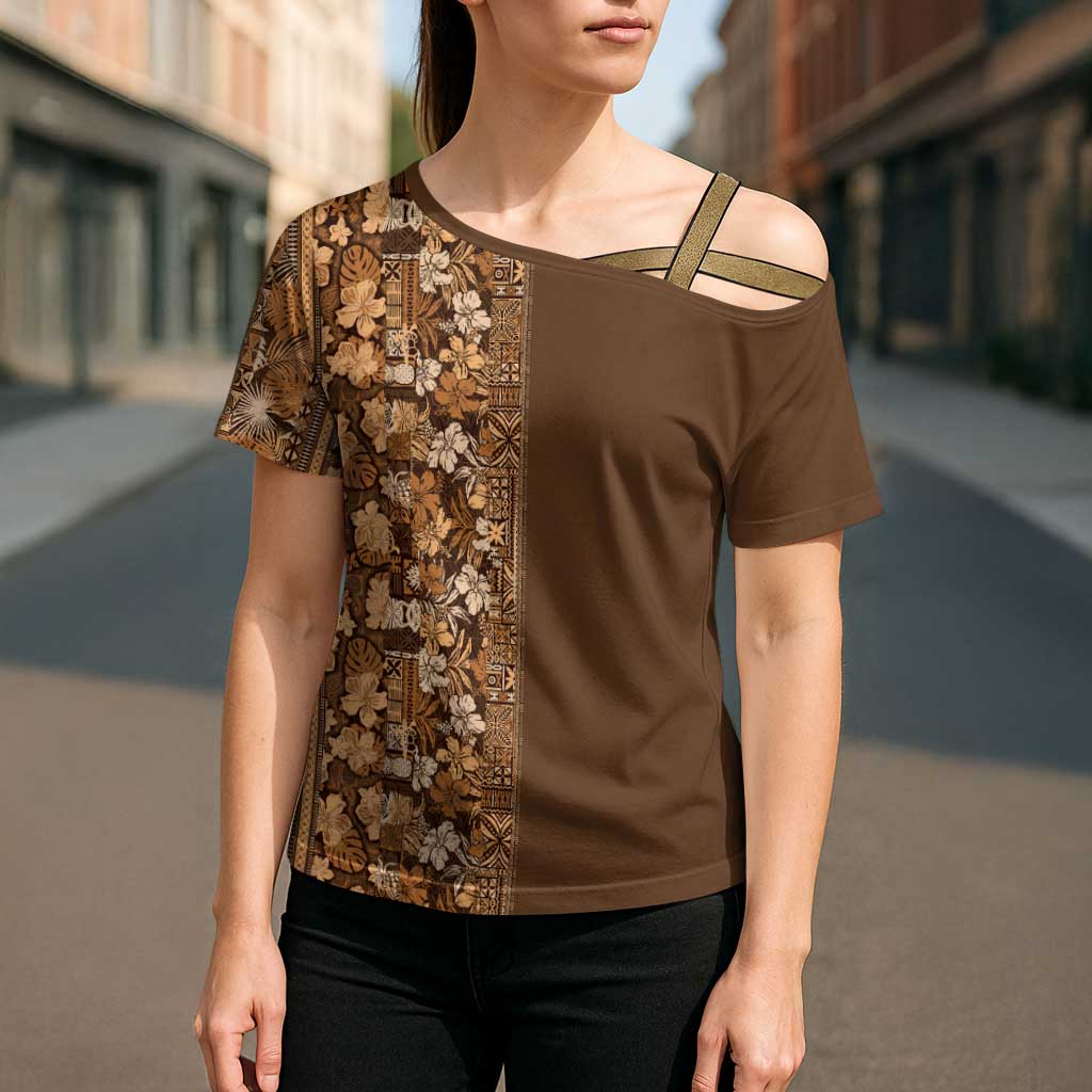 Hawaiian Tribal Elements Hibiscus Cross Shoulder Shirt Gold Pattern - Polynesian Pride