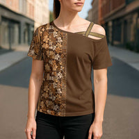 Hawaiian Tribal Elements Hibiscus Cross Shoulder Shirt Gold Pattern - Polynesian Pride