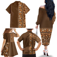 Hawaiian Tribal Elements Hibiscus Family Matching Off The Shoulder Long Sleeve Dress and Hawaiian Shirt Gold Pattern - Polynesian Pride