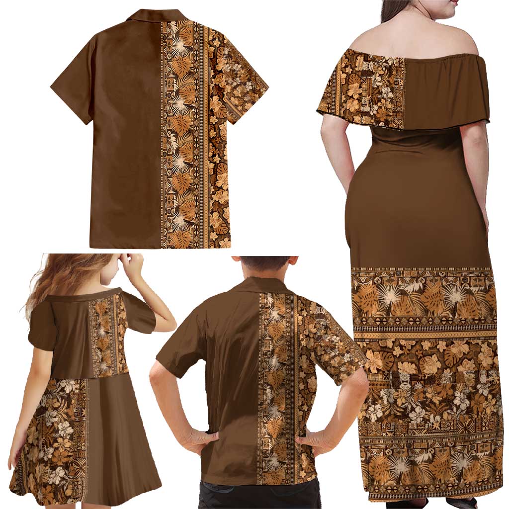Hawaiian Tribal Elements Hibiscus Family Matching Off Shoulder Maxi Dress and Hawaiian Shirt Gold Pattern - Polynesian Pride