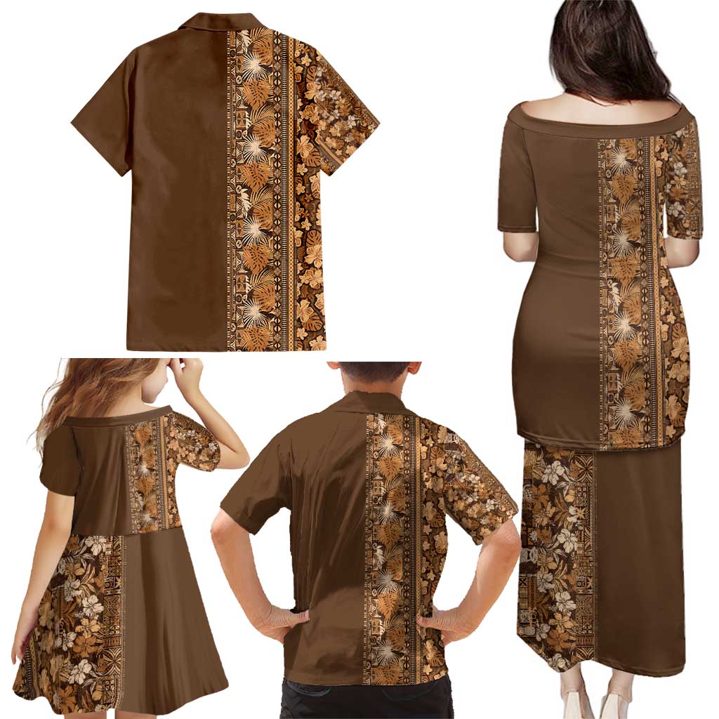 Hawaiian Tribal Elements Hibiscus Family Matching Puletasi and Hawaiian Shirt Gold Pattern - Polynesian Pride