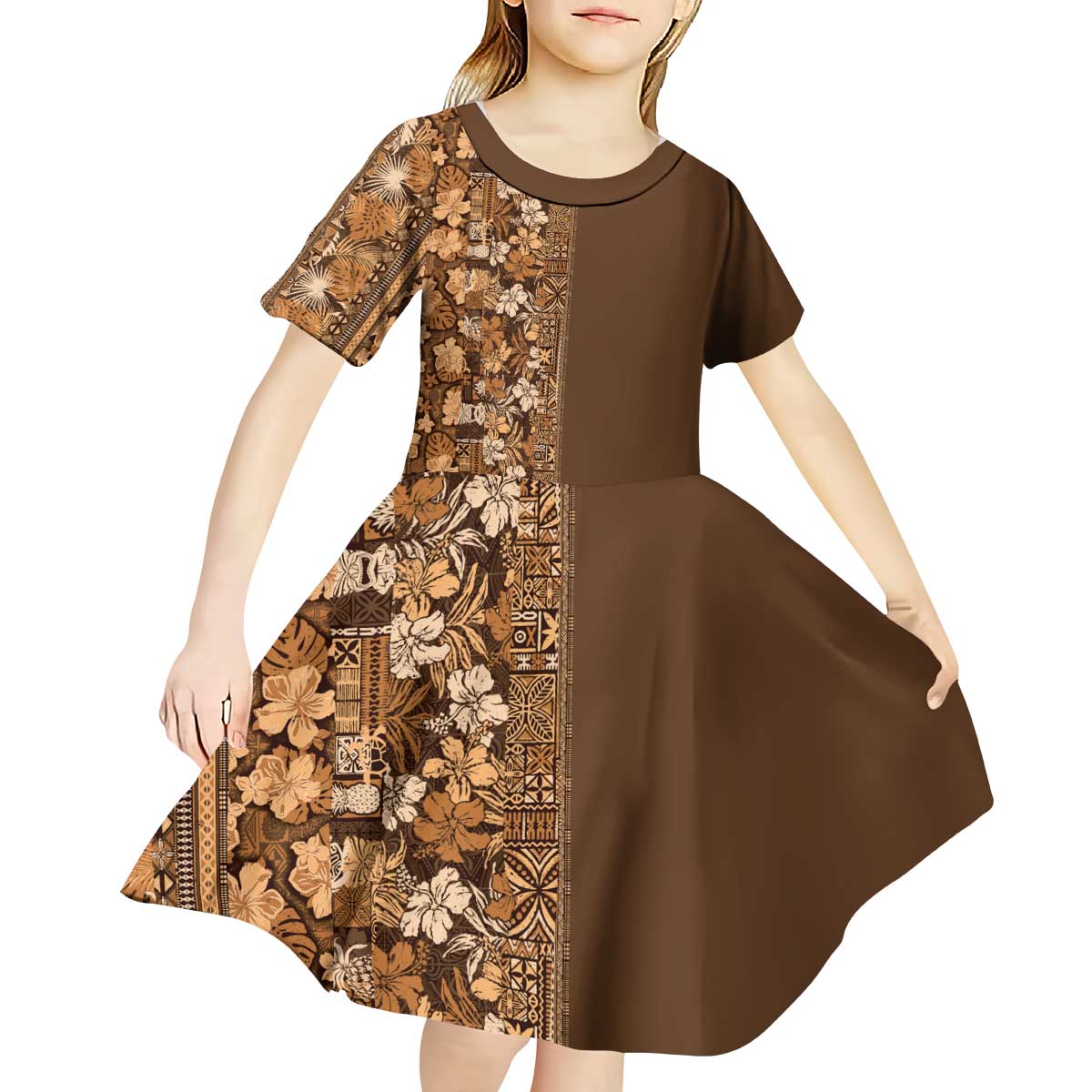 Hawaiian Tribal Elements Hibiscus Kid Short Sleeve Dress Gold Pattern - Polynesian Pride