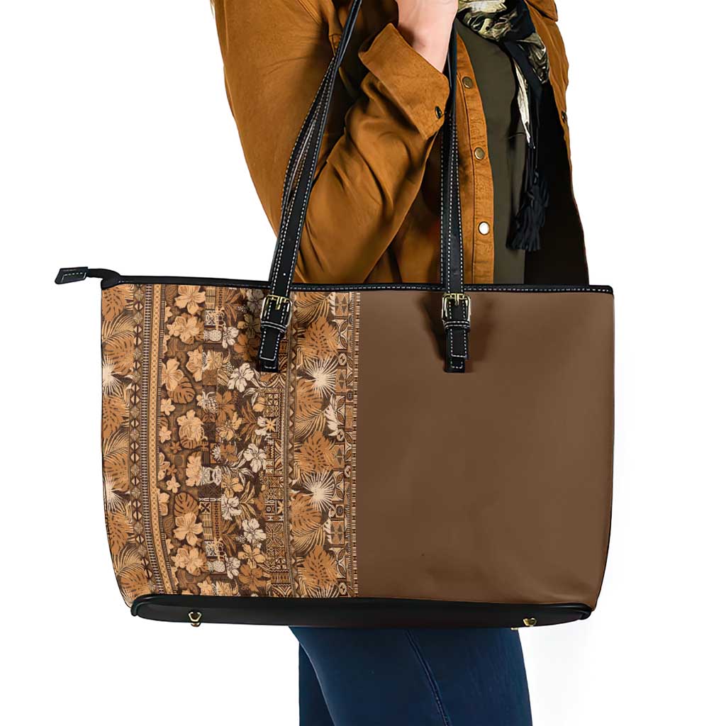 Hawaiian Tribal Elements Hibiscus Leather Tote Bag Gold Pattern LT9 - Polynesian Pride
