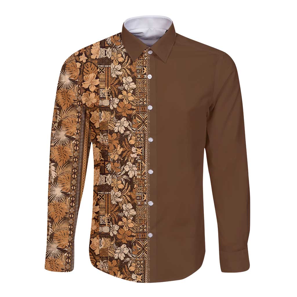 Hawaiian Tribal Elements Hibiscus Long Sleeve Button Shirt Gold Pattern LT9 Unisex Gold - Polynesian Pride