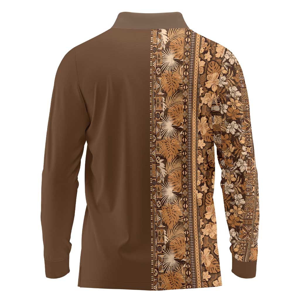 Hawaiian Tribal Elements Hibiscus Long Sleeve Polo Shirt Gold Pattern - Polynesian Pride