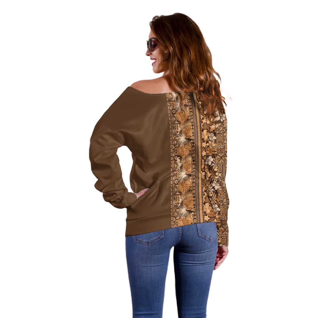 Hawaiian Tribal Elements Hibiscus Off Shoulder Sweater Gold Pattern - Polynesian Pride