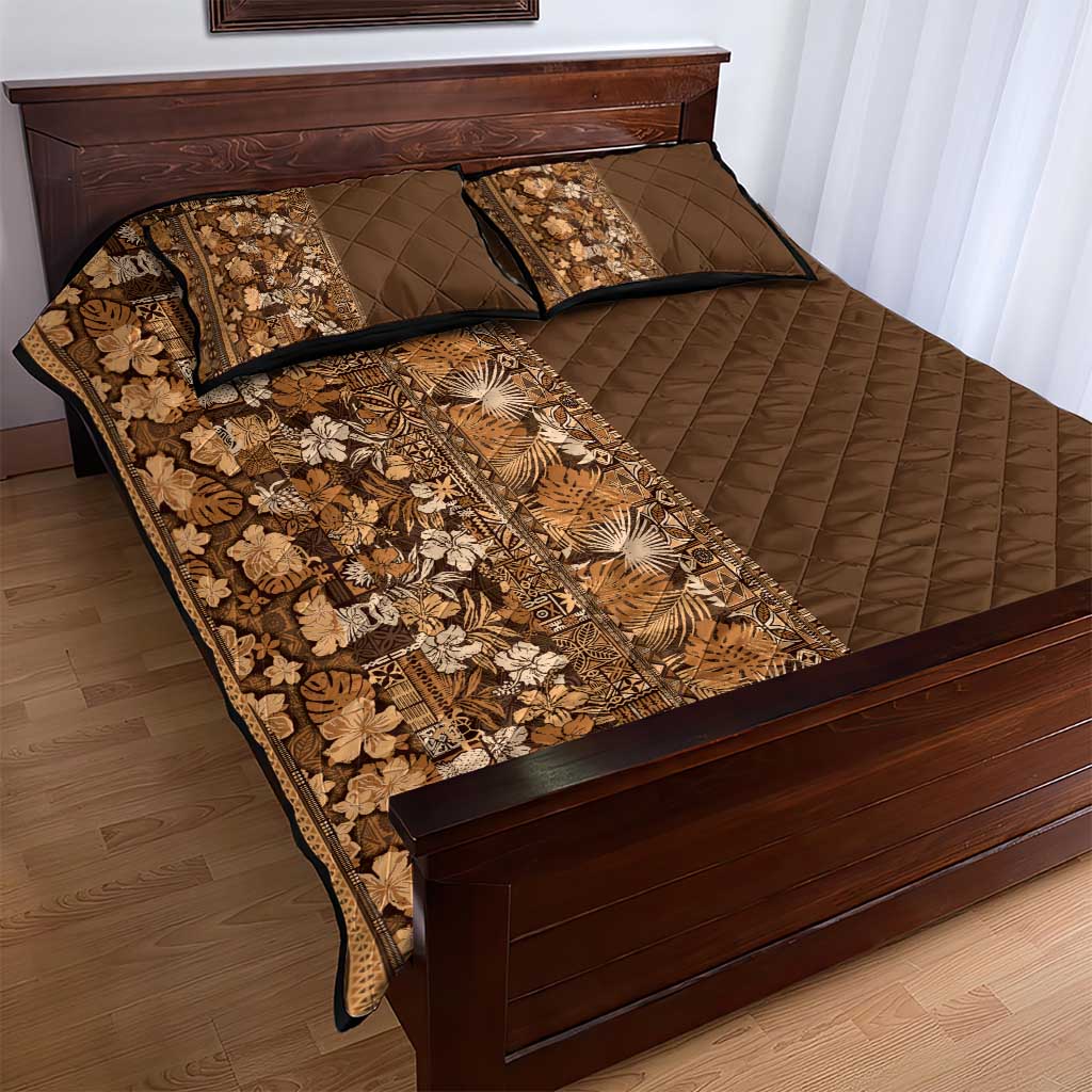 Hawaiian Tribal Elements Hibiscus Quilt Bed Set Gold Pattern - Polynesian Pride