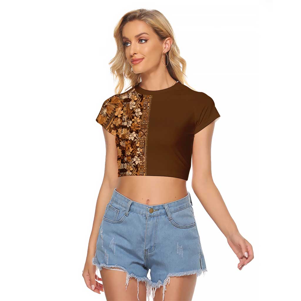 Hawaiian Tribal Elements Hibiscus Raglan Cropped T Shirt Gold Pattern LT9 Female Gold - Polynesian Pride