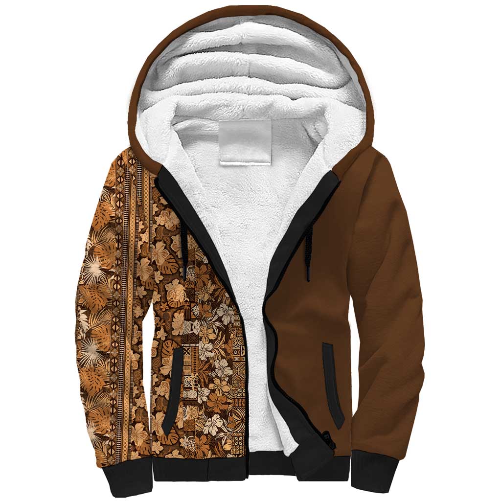 Hawaiian Tribal Elements Hibiscus Sherpa Hoodie Gold Pattern - Polynesian Pride