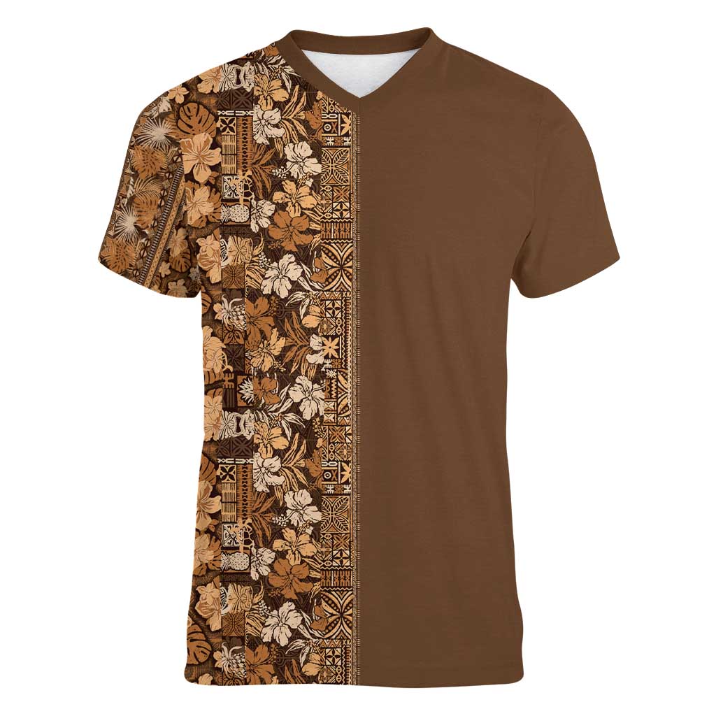 Hawaiian Tribal Elements Hibiscus Women V-Neck T-Shirt Gold Pattern LT9 Female Gold - Polynesian Pride
