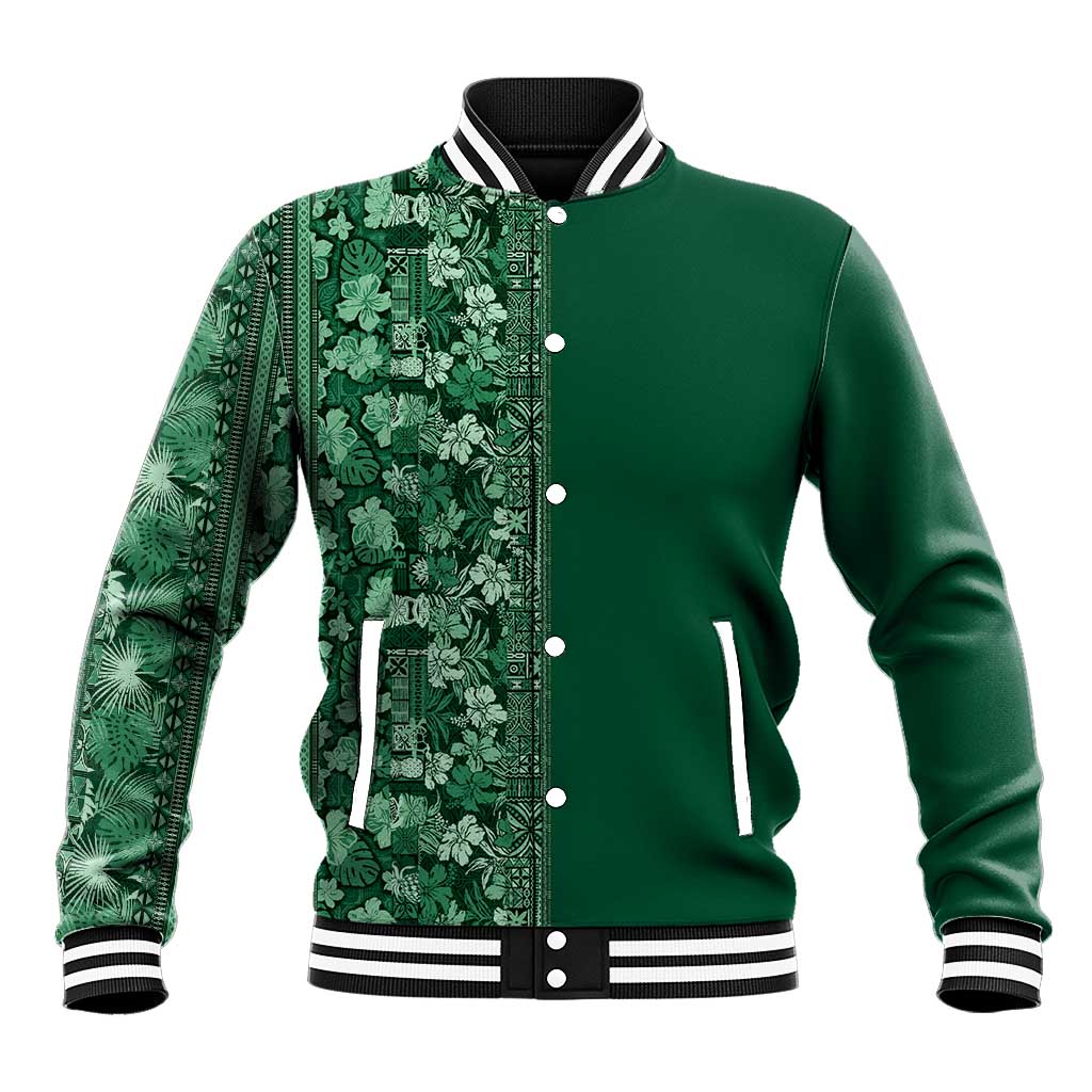 Hawaiian Tribal Elements Hibiscus Baseball Jacket Green Pattern LT9 Unisex Green - Polynesian Pride
