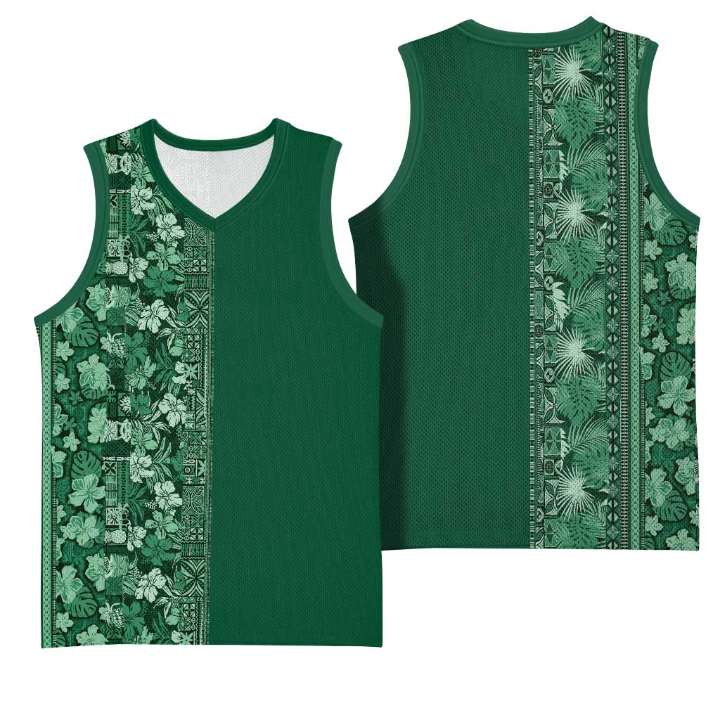 Hawaiian Tribal Elements Hibiscus Basketball Jersey Green Pattern - Polynesian Pride