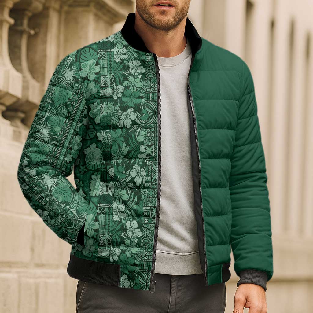 Hawaiian Tribal Elements Hibiscus Bomber Puffer Jacket Green Pattern - Polynesian Pride