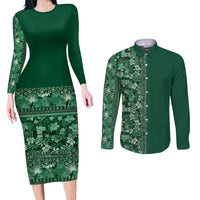 Hawaiian Tribal Elements Hibiscus Couples Matching Long Sleeve Bodycon Dress and Long Sleeve Button Shirt Green Pattern - Polynesian Pride