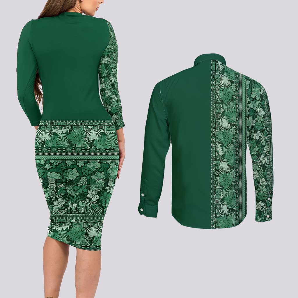 Hawaiian Tribal Elements Hibiscus Couples Matching Long Sleeve Bodycon Dress and Long Sleeve Button Shirt Green Pattern - Polynesian Pride
