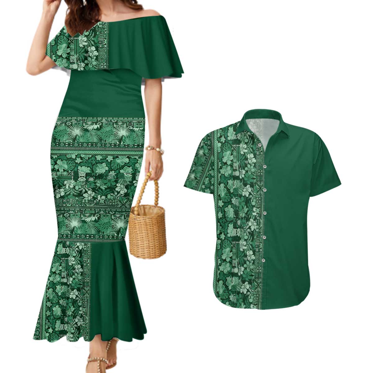 Hawaiian Tribal Elements Hibiscus Couples Matching Mermaid Dress and Hawaiian Shirt Green Pattern - Polynesian Pride