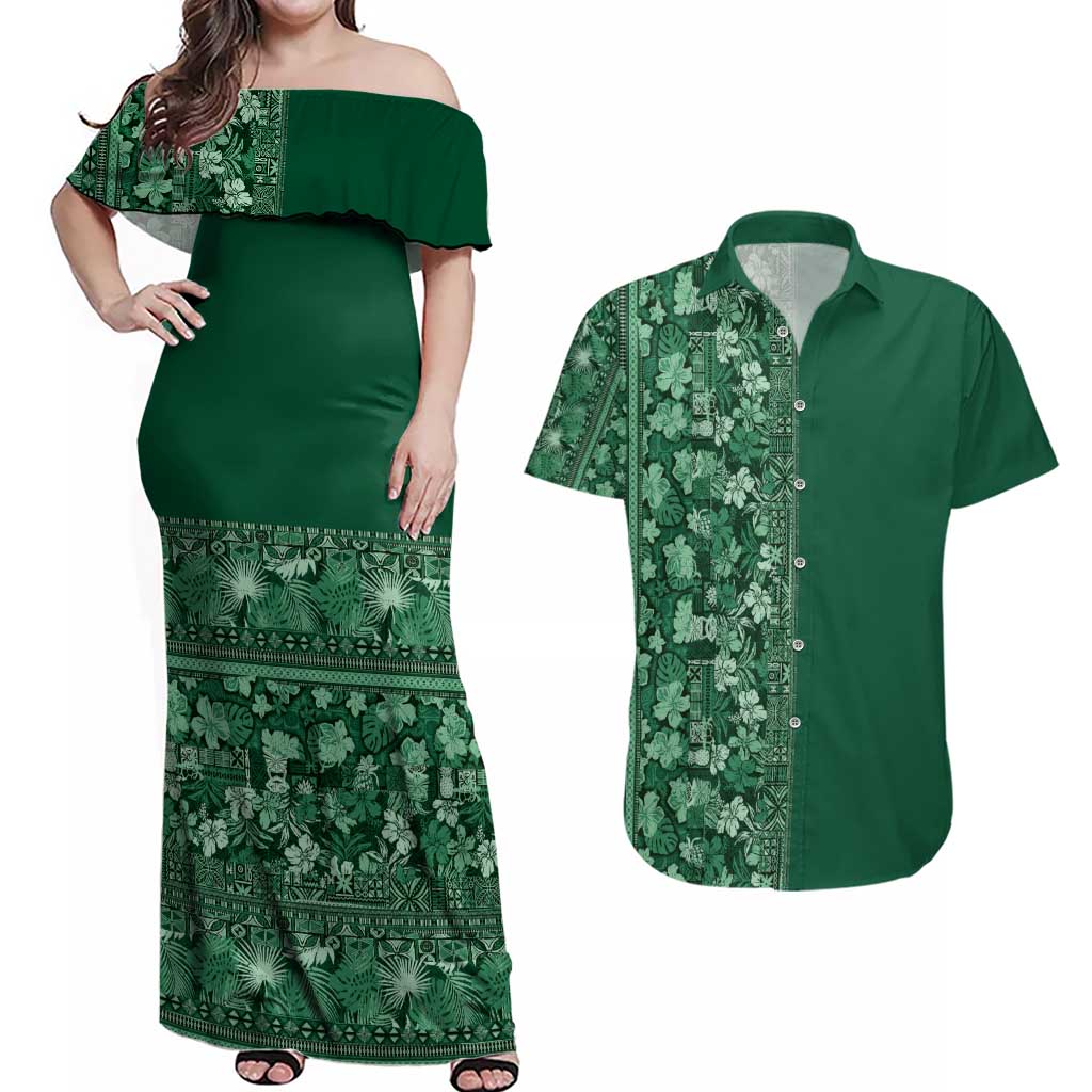 Hawaiian Tribal Elements Hibiscus Couples Matching Off Shoulder Maxi Dress and Hawaiian Shirt Green Pattern - Polynesian Pride