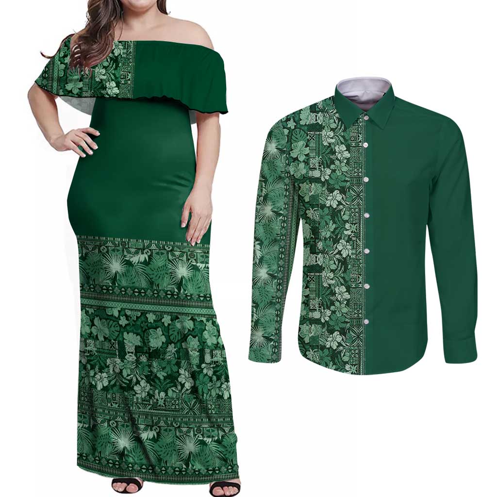 Hawaiian Tribal Elements Hibiscus Couples Matching Off Shoulder Maxi Dress and Long Sleeve Button Shirt Green Pattern - Polynesian Pride