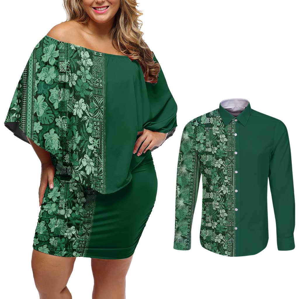 Hawaiian Tribal Elements Hibiscus Couples Matching Off Shoulder Short Dress and Long Sleeve Button Shirt Green Pattern - Polynesian Pride