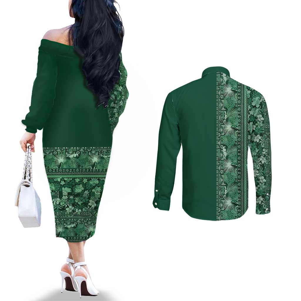 Hawaiian Tribal Elements Hibiscus Couples Matching Off The Shoulder Long Sleeve Dress and Long Sleeve Button Shirt Green Pattern - Polynesian Pride