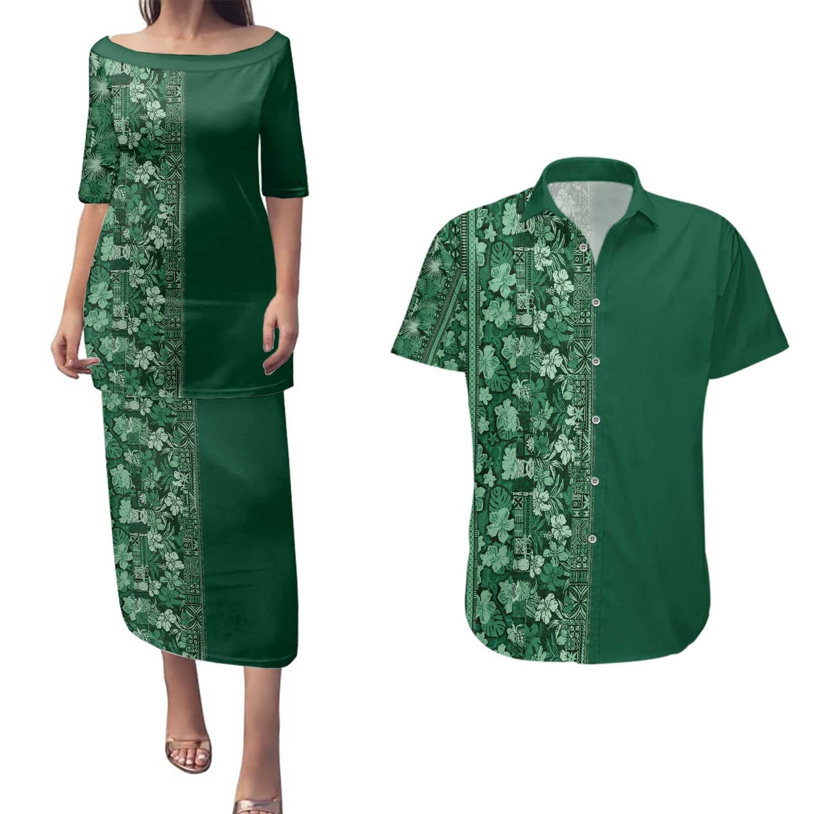 Hawaiian Tribal Elements Hibiscus Couples Matching Puletasi and Hawaiian Shirt Green Pattern LT9 Green - Polynesian Pride