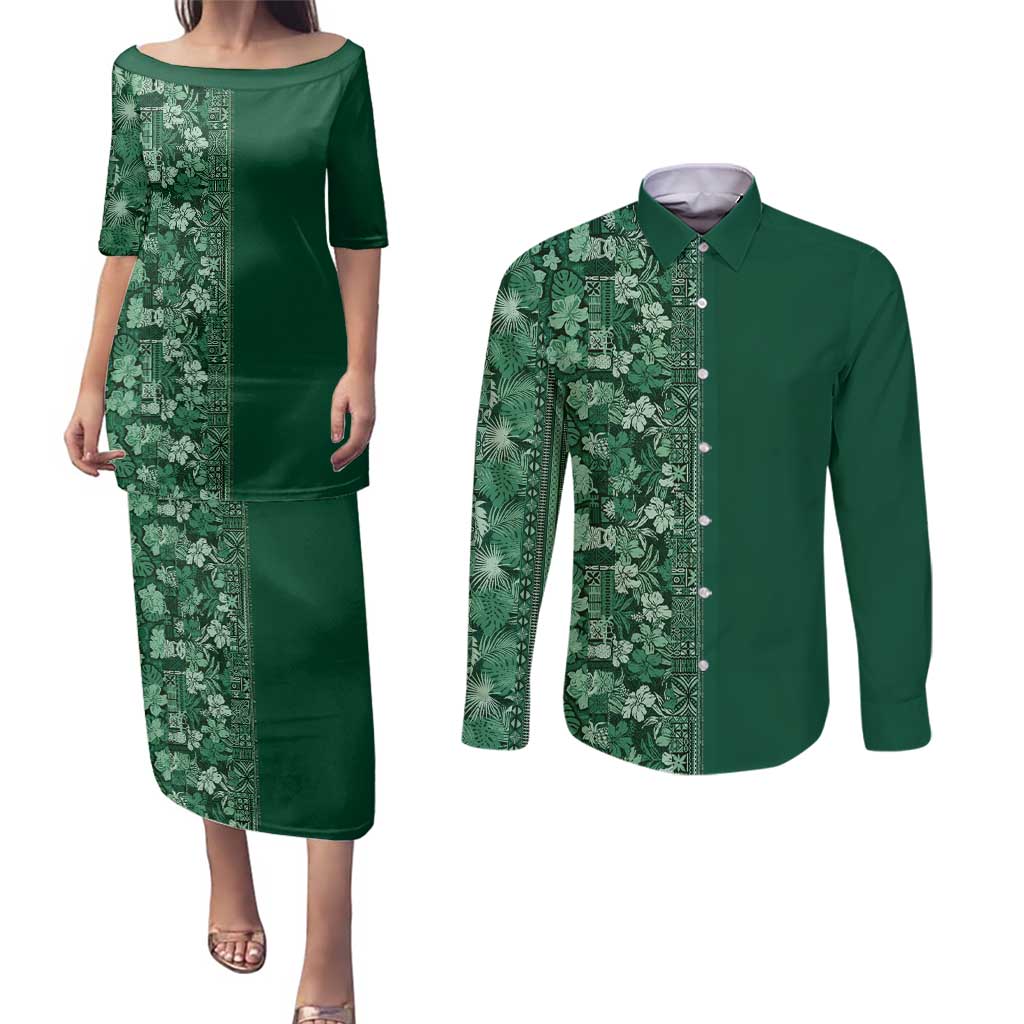 Hawaiian Tribal Elements Hibiscus Couples Matching Puletasi and Long Sleeve Button Shirt Green Pattern LT9 Green - Polynesian Pride