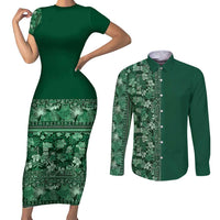 Hawaiian Tribal Elements Hibiscus Couples Matching Short Sleeve Bodycon Dress and Long Sleeve Button Shirt Green Pattern - Polynesian Pride
