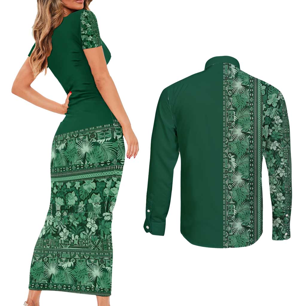 Hawaiian Tribal Elements Hibiscus Couples Matching Short Sleeve Bodycon Dress and Long Sleeve Button Shirt Green Pattern - Polynesian Pride
