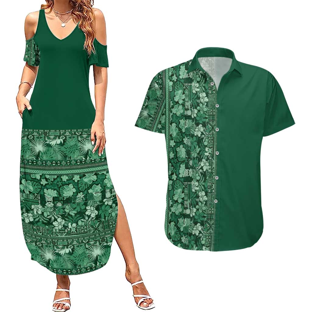Hawaiian Tribal Elements Hibiscus Couples Matching Summer Maxi Dress and Hawaiian Shirt Green Pattern - Polynesian Pride