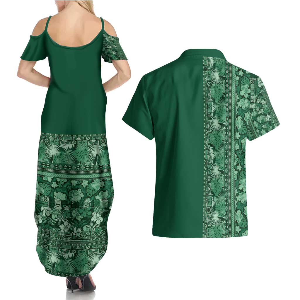 Hawaiian Tribal Elements Hibiscus Couples Matching Summer Maxi Dress and Hawaiian Shirt Green Pattern - Polynesian Pride