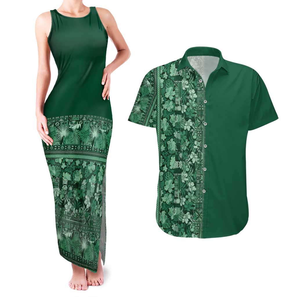 Hawaiian Tribal Elements Hibiscus Couples Matching Tank Maxi Dress and Hawaiian Shirt Green Pattern - Polynesian Pride