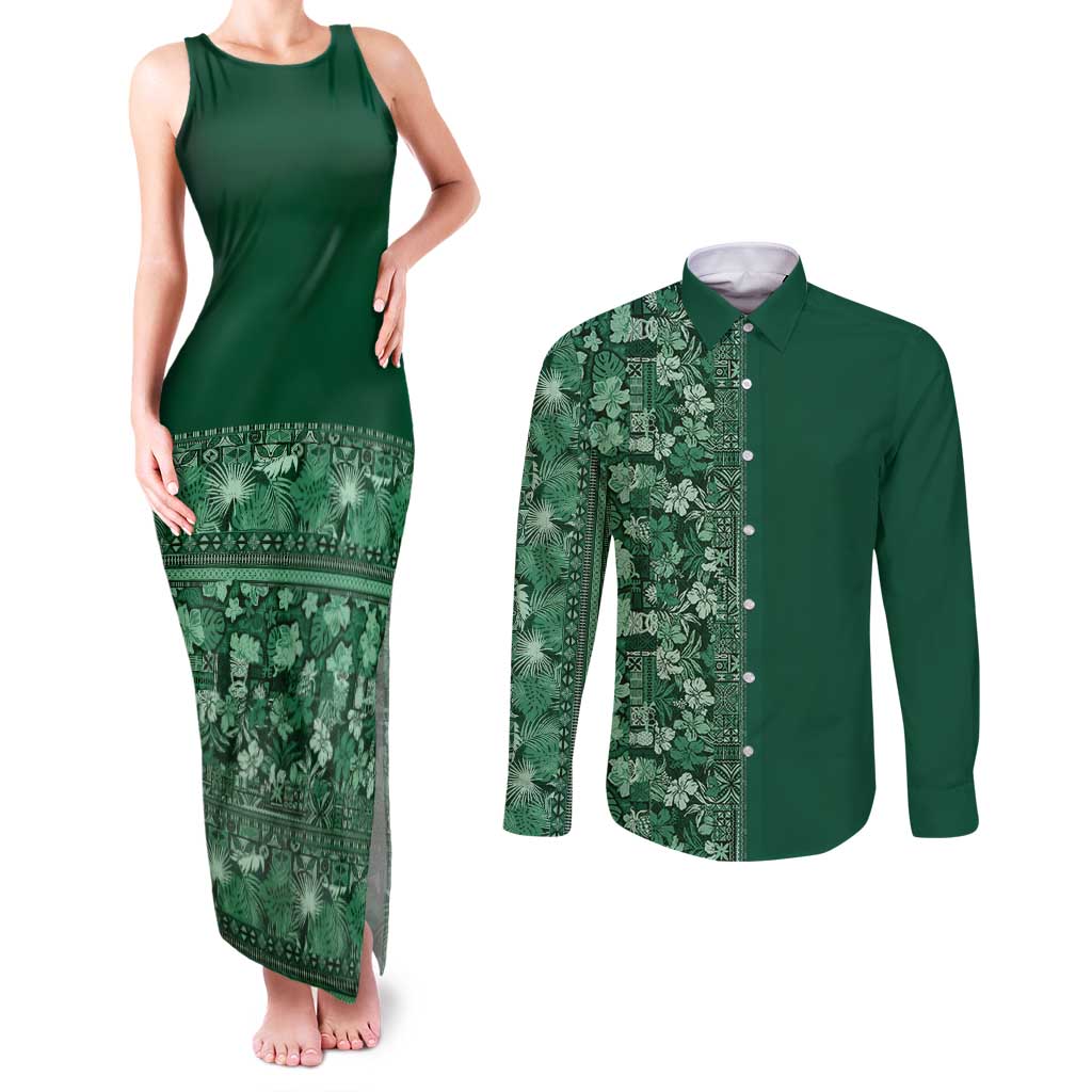 Hawaiian Tribal Elements Hibiscus Couples Matching Tank Maxi Dress and Long Sleeve Button Shirt Green Pattern - Polynesian Pride