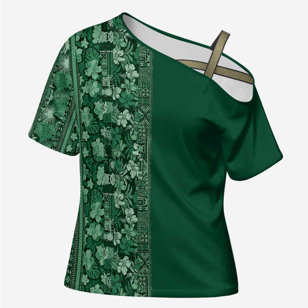 Hawaiian Tribal Elements Hibiscus Cross Shoulder Shirt Green Pattern LT9 Female Green - Polynesian Pride