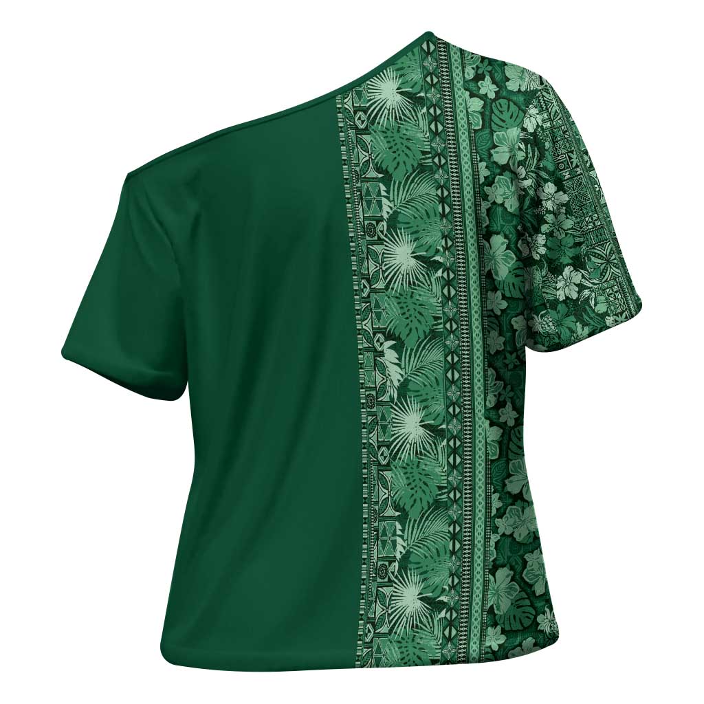 Hawaiian Tribal Elements Hibiscus Cross Shoulder Shirt Green Pattern - Polynesian Pride